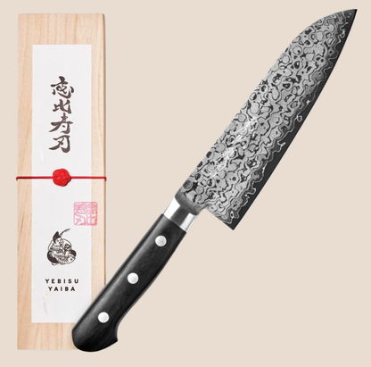 YEBISU YAIBA "NAMI" Damascus Santoku Knife 165mm (6.5") - VG-10 17-Layer Stainless Steel with Premium Paulownia Wooden Gift Box