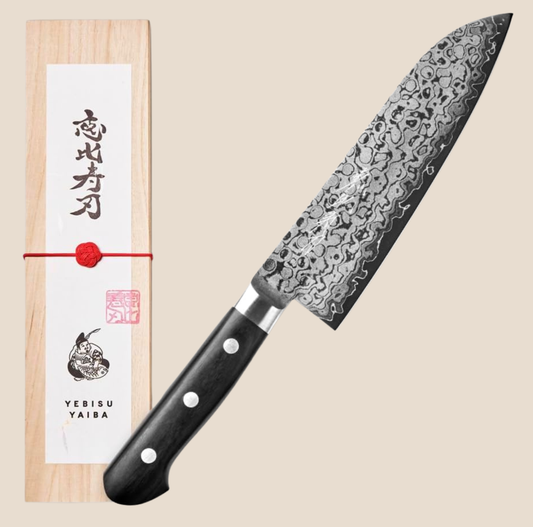 YEBISU YAIBA "NAMI" Damascus Santoku Knife 165mm (6.5") - VG-10 17-Layer Stainless Steel with Premium Paulownia Wooden Gift Box